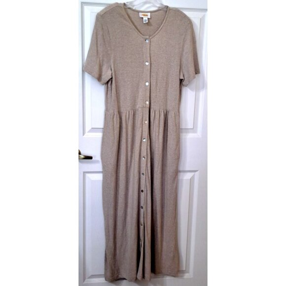 Tallbots Women's L Beige Linen Blend Button Front Maxi Dress Short Sleeves - Picture 1 of 10